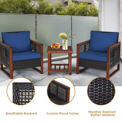 3 Pcs Patio Wicker Furniture Sofa Set with Wooden Frame and Cushion-Navy