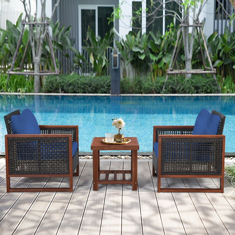 3 Pcs Patio Wicker Furniture Sofa Set with Wooden Frame and Cushion-Navy