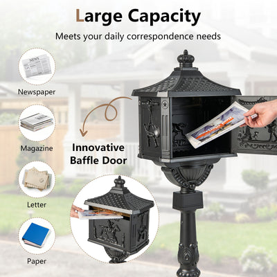 Retro Cast Aluminum Mailbox Security Postal Letter Box with Baffle Door-Black