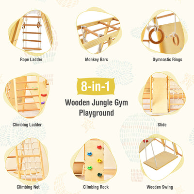 8-in-1 Wooden Jungle Gym Playset with Slide and Monkey Bars-Natural