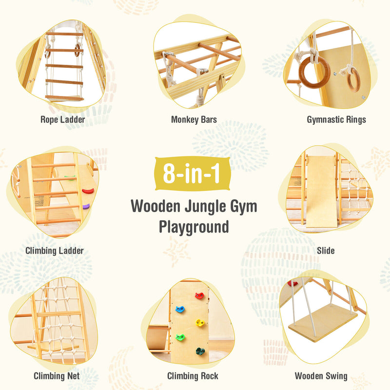 8-in-1 Wooden Jungle Gym Playset with Slide and Monkey Bars-Natural