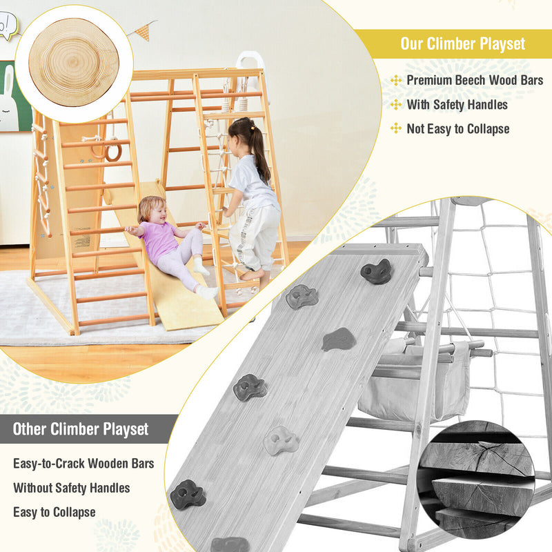 8-in-1 Wooden Jungle Gym Playset with Slide and Monkey Bars-Natural