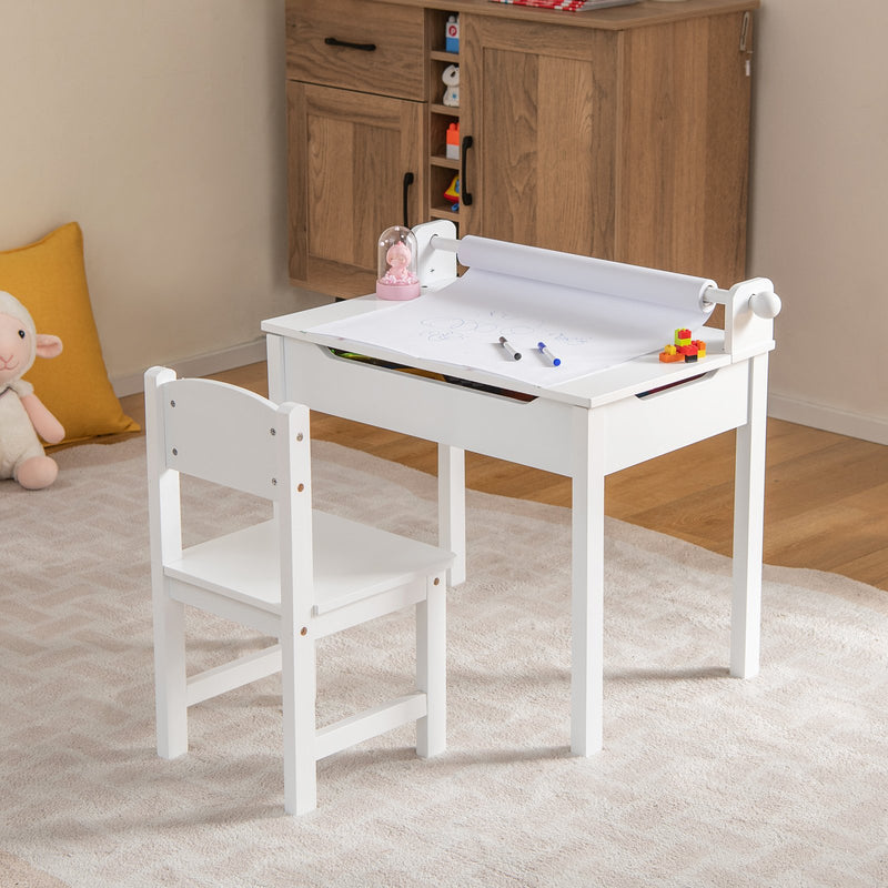 Wooden Kids Table and Chair Set with Storage and Paper Roll Holder-White