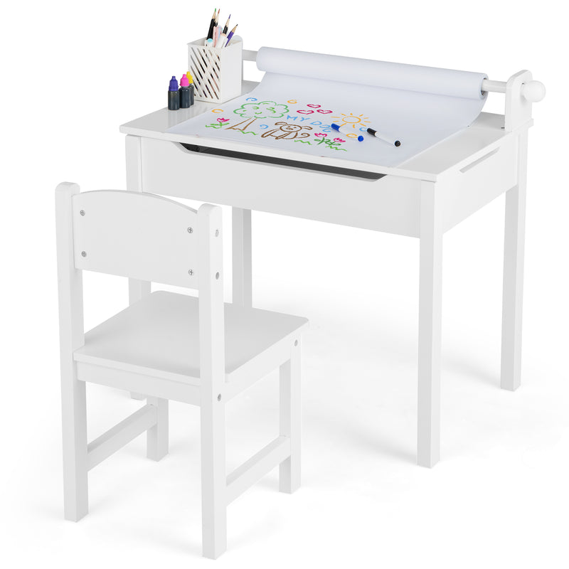 Wooden Kids Table and Chair Set with Storage and Paper Roll Holder-White