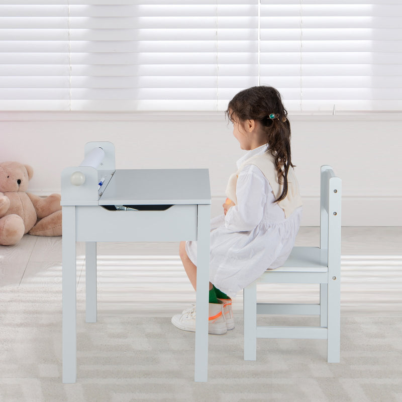 Wooden Kids Table and Chair Set with Storage and Paper Roll Holder-Gray