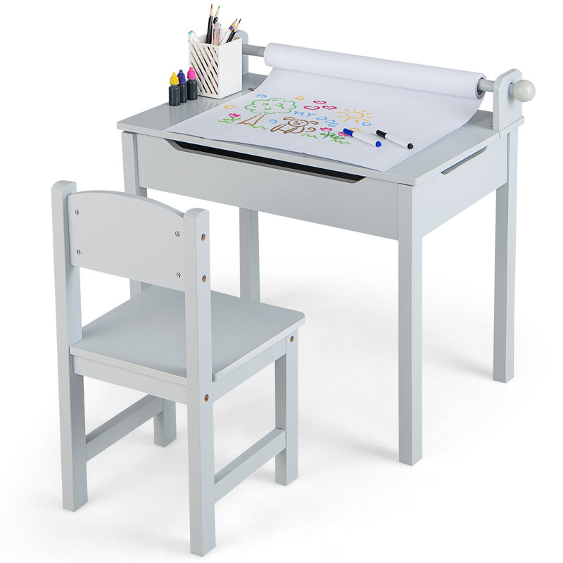 Wooden Kids Table and Chair Set with Storage and Paper Roll Holder-Gray