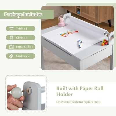 Wooden Kids Table and Chair Set with Storage and Paper Roll Holder-Gray