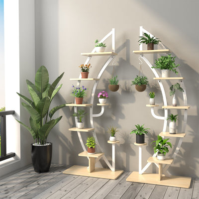 6-Tier 9 Potted Metal Plant Stand Holder Display Shelf with Hook-White