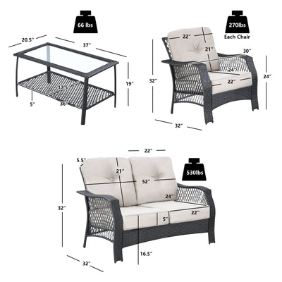 4 Pieces Patio Wicker Furniture Set Loveseat Sofa Coffee Table with Cushion-Beige