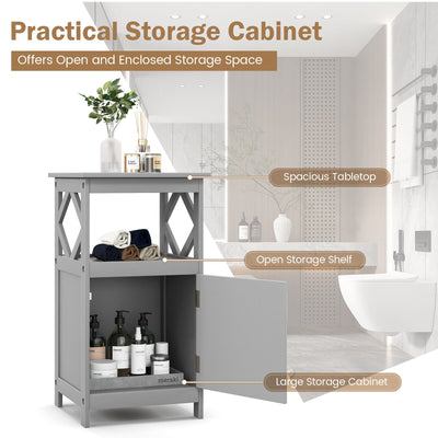 Bathroom Floor Cabinet Side Storage Organizer with Open Shelf and Single Door-Gray