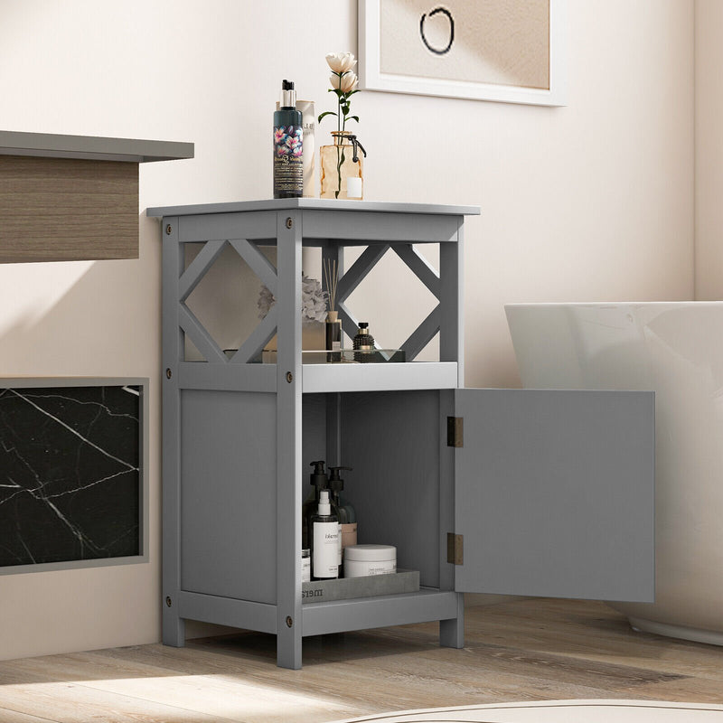 Bathroom Floor Cabinet Side Storage Organizer with Open Shelf and Single Door-Gray