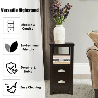 2 Pieces Wooden Bed-side Nightstand Set with 2 Drawers-Dark Brown