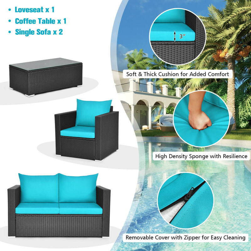 4Pcs Patio Rattan Cushioned Furniture Set-Turquoise