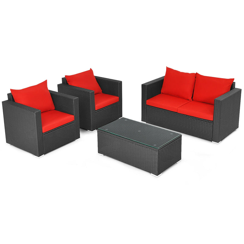 4Pcs Patio Rattan Cushioned Furniture Set-Red