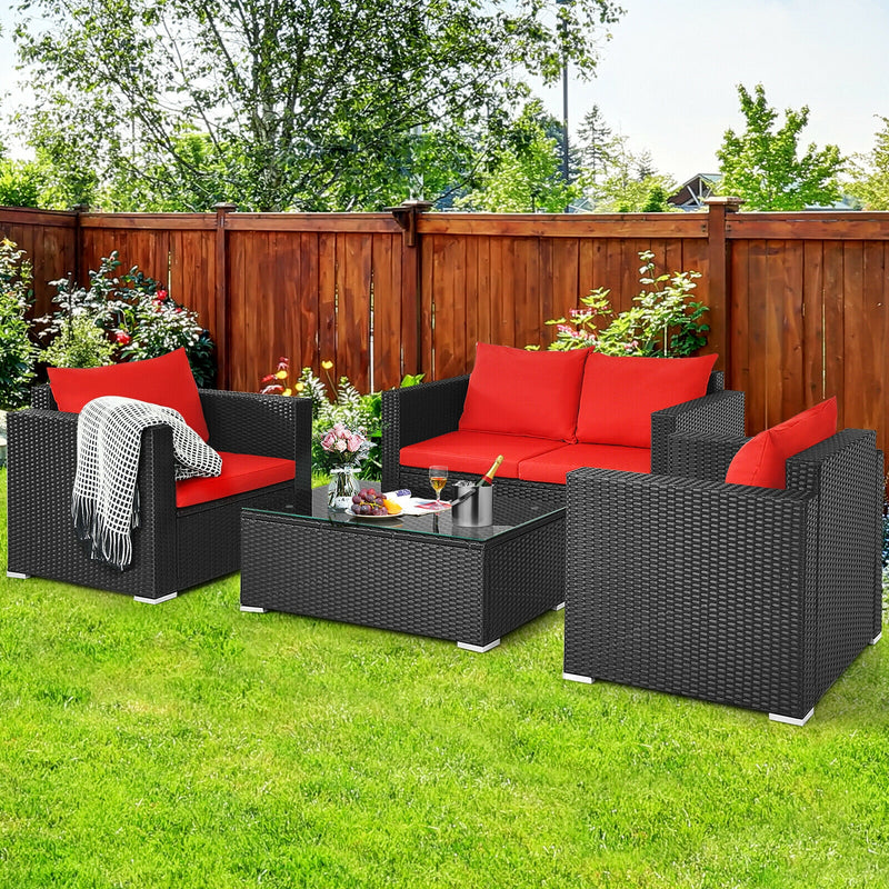 4Pcs Patio Rattan Cushioned Furniture Set-Red