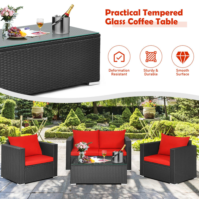 4Pcs Patio Rattan Cushioned Furniture Set-Red