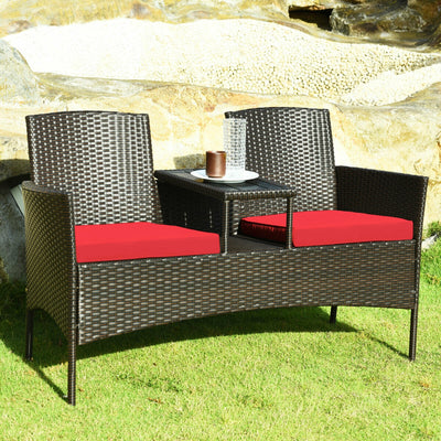 Modern Patio Conversation Set with Built-in Coffee Table and Cushions -Red