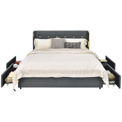 Full/Queen Size Upholstered Bed Frame with 4 Storage Drawers-Full Size