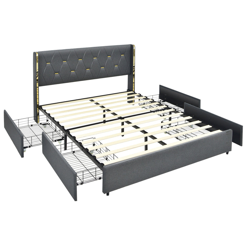 Full/Queen Size Upholstered Bed Frame with 4 Storage Drawers-Queen Size