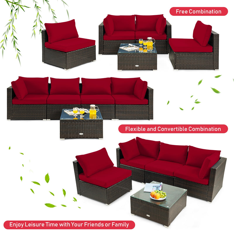 5 Pieces Cushioned Patio Rattan Furniture Set with Glass Table-Red