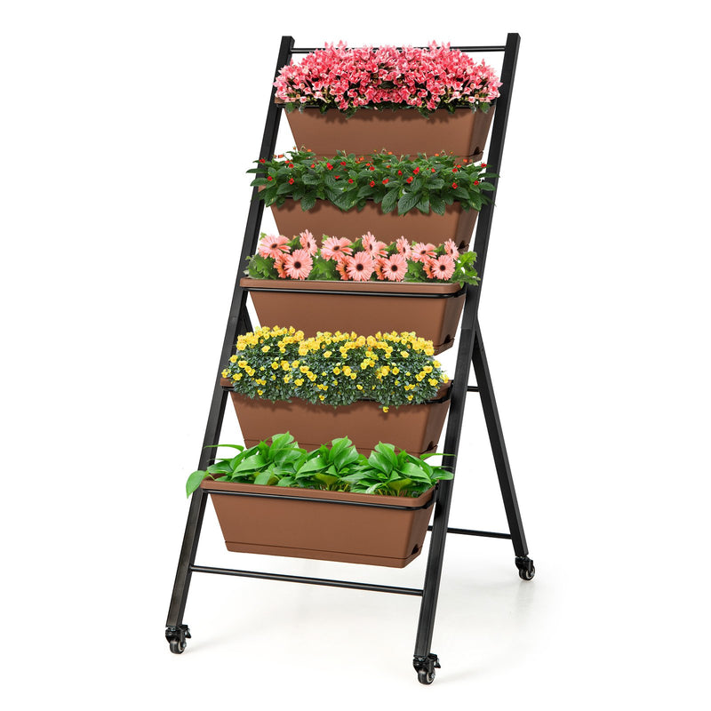 5-Tier Vertical Raised Garden Bed with Wheels and Container Boxes-Brown