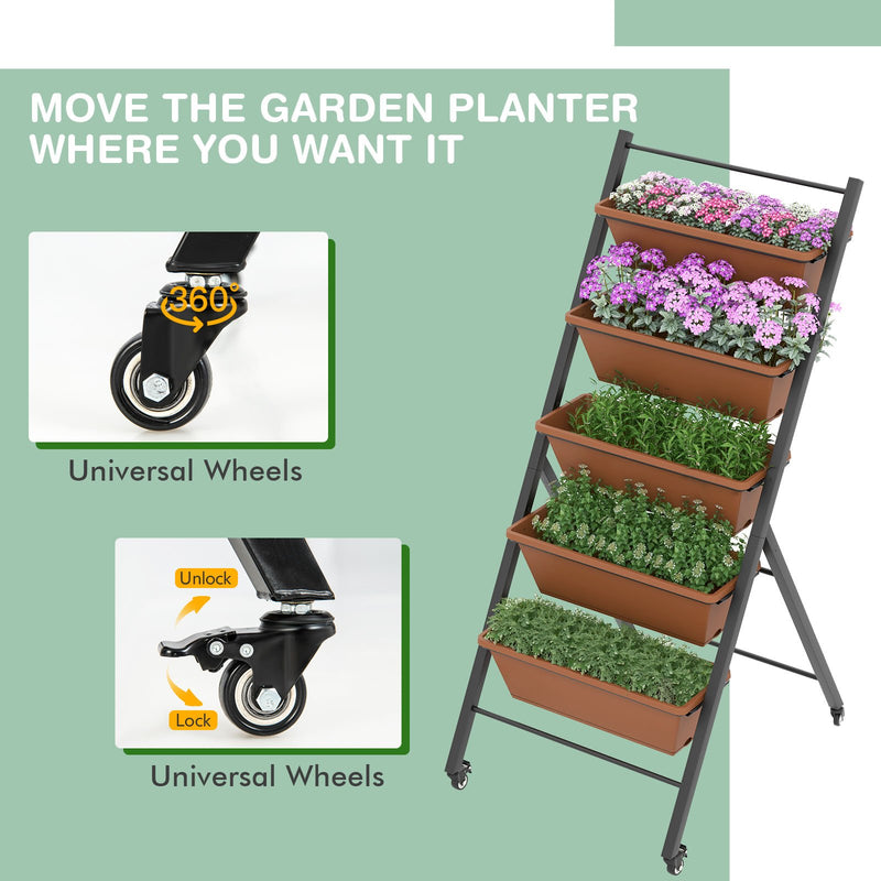 5-Tier Vertical Raised Garden Bed with Wheels and Container Boxes-Brown