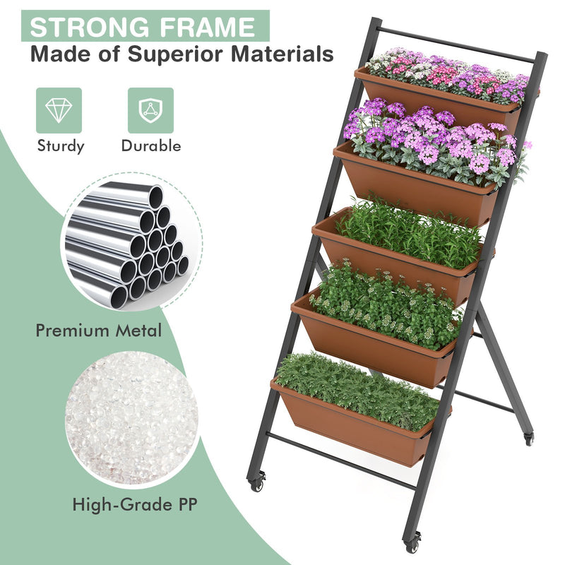 5-Tier Vertical Raised Garden Bed with Wheels and Container Boxes-Brown