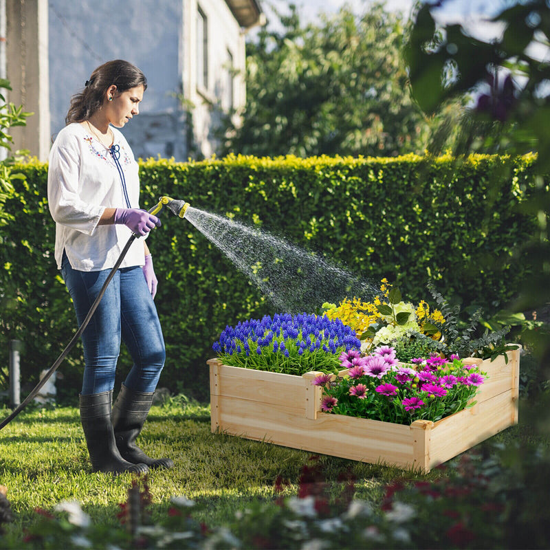 3-Tier Wooden Raised Garden Bed with Open-Ended Base-Natural