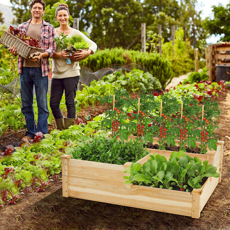 3-Tier Wooden Raised Garden Bed with Open-Ended Base-Natural