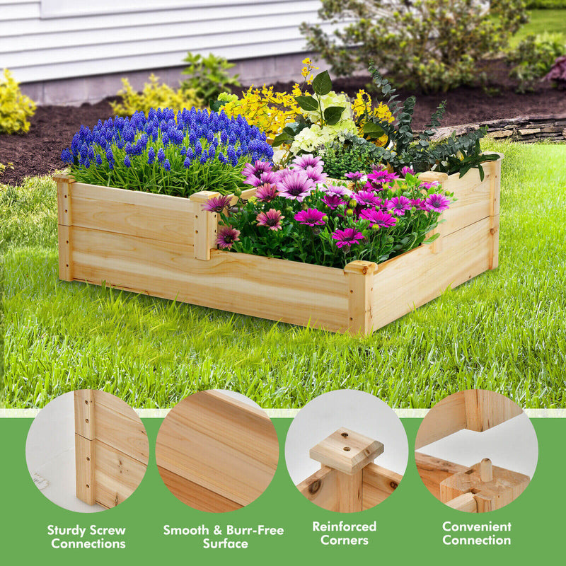 3-Tier Wooden Raised Garden Bed with Open-Ended Base-Natural