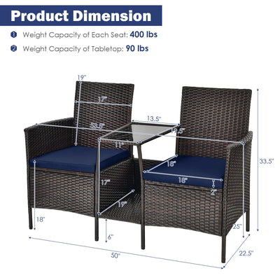 Patio Rattan Wicker Conversation Set Sofa Cushioned Loveseat Glass Table-Navy