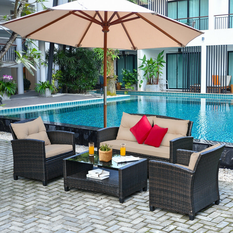 4 Pieces Outdoor Rattan Furniture Set with Glass Table