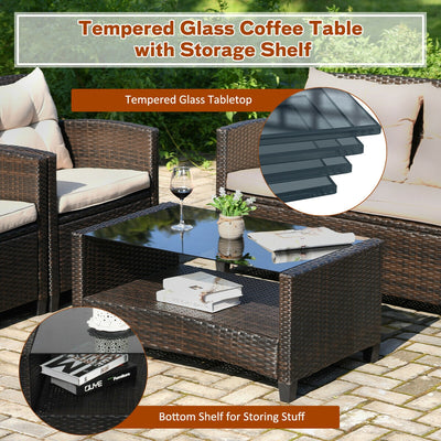 4 Pieces Outdoor Rattan Furniture Set with Glass Table