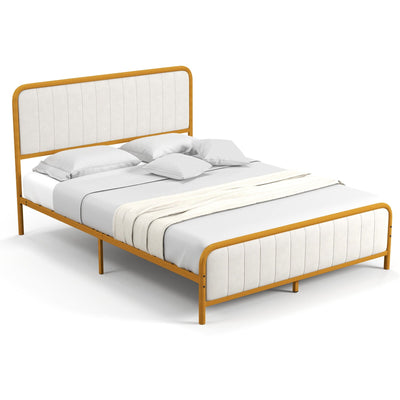 Upholstered Gold Platform Bed Frame with Velvet Headboard-Queen Size