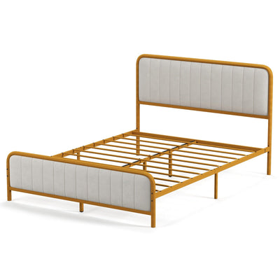 Upholstered Gold Platform Bed Frame with Velvet Headboard-Queen Size