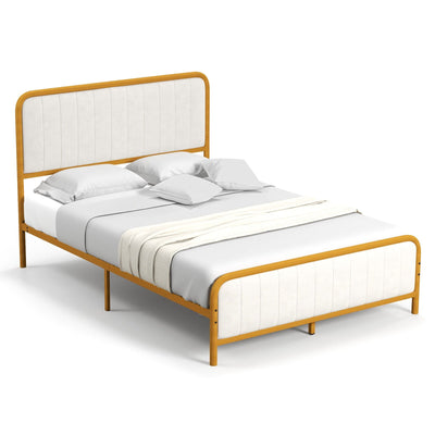 Upholstered Gold Platform Bed Frame with Velvet Headboard-Full Size