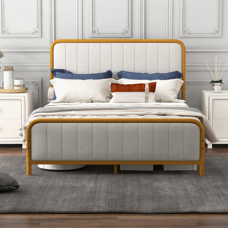 Upholstered Gold Platform Bed Frame with Velvet Headboard-Full Size