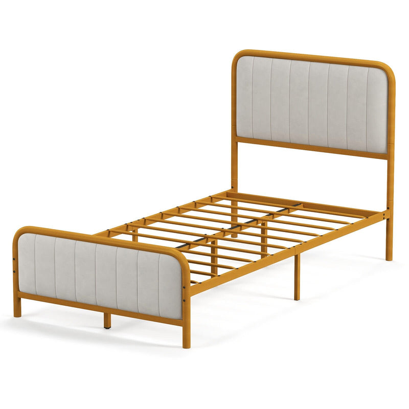 Upholstered Gold Platform Bed Frame with Velvet Headboard-Twin Size