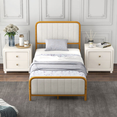 Upholstered Gold Platform Bed Frame with Velvet Headboard-Twin Size