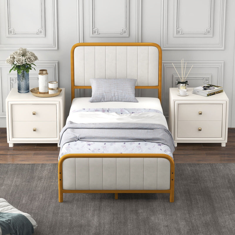 Upholstered Gold Platform Bed Frame with Velvet Headboard-Twin Size