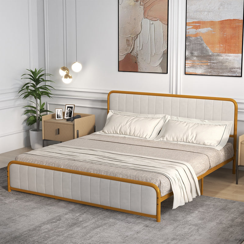 Upholstered Gold Platform Bed Frame with Velvet Headboard-King Size