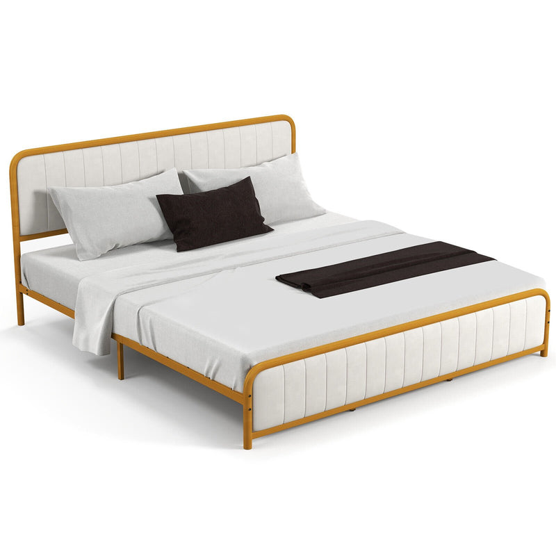 Upholstered Gold Platform Bed Frame with Velvet Headboard-King Size