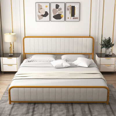 Upholstered Gold Platform Bed Frame with Velvet Headboard-King Size