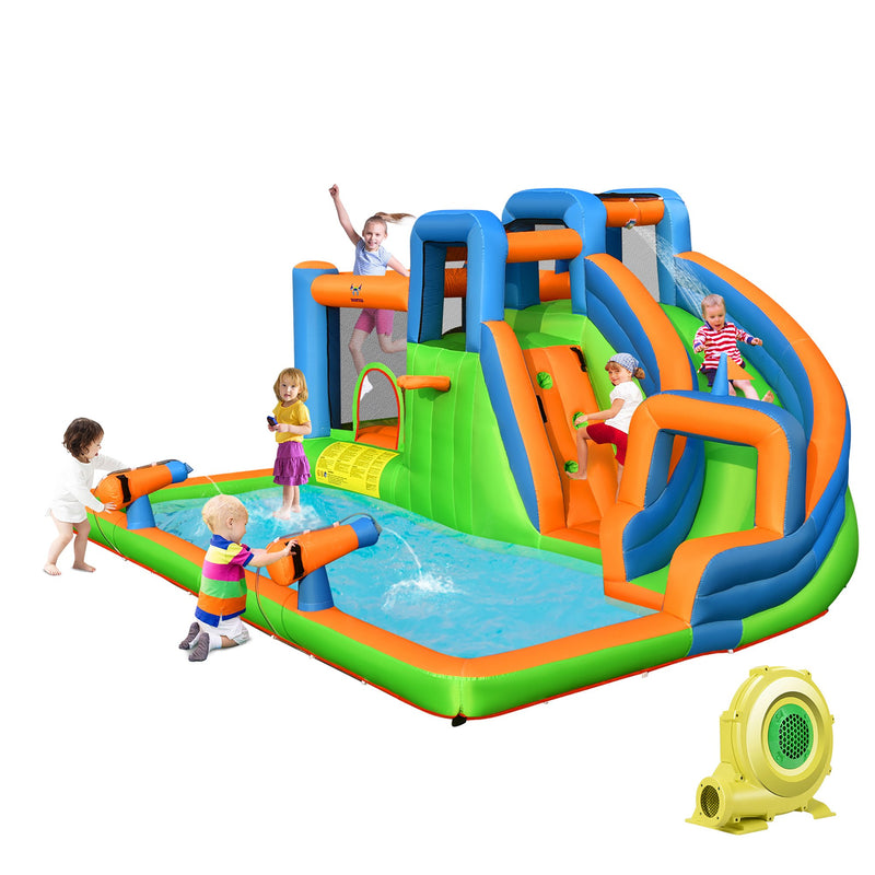 7-in-1 Inflatable Giant Water Park Bouncer with Dual Climbing Walls and 735W Blower