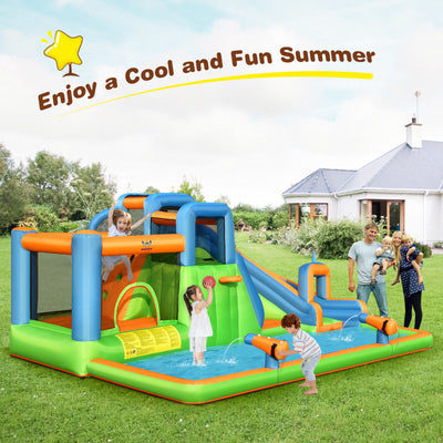 7-in-1 Inflatable Giant Water Park Bouncer with Dual Climbing Walls and 735W Blower