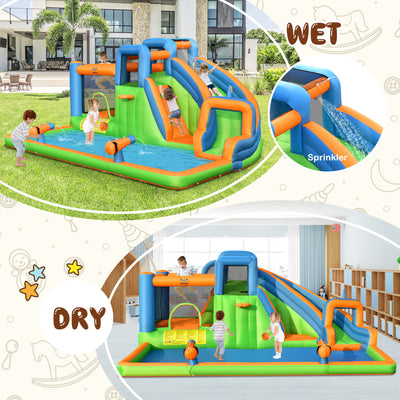 7-in-1 Inflatable Giant Water Park Bouncer with Dual Climbing Walls and 735W Blower