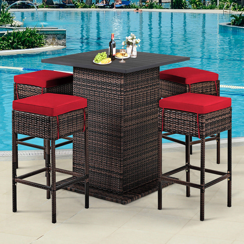 5 Pieces Patio Rattan Bar Table Stool Set Hidden Storage Shelf Cushioned-Red