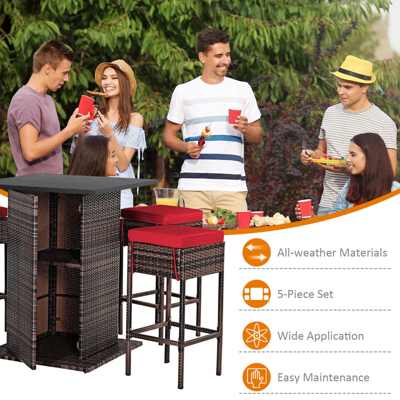 5 Pieces Patio Rattan Bar Table Stool Set Hidden Storage Shelf Cushioned-Red