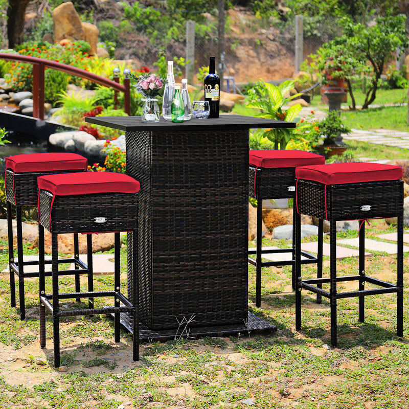 5 Pieces Patio Rattan Bar Table Stool Set Hidden Storage Shelf Cushioned-Red