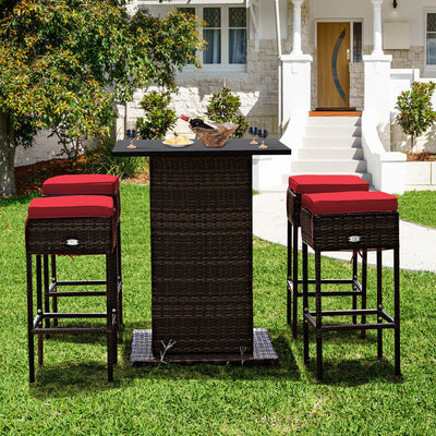 5 Pieces Patio Rattan Bar Table Stool Set Hidden Storage Shelf Cushioned-Red